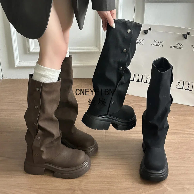 Autumn Winter Platform Chunky Sole Woman Knee High Boots Concise Side Metal Buttons Slip On Shoes Streetwear Daily Long Booties