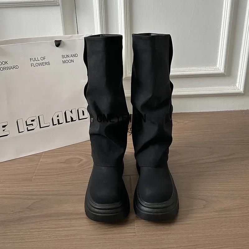 Autumn Winter Platform Chunky Sole Woman Knee High Boots Concise Side Metal Buttons Slip On Shoes Streetwear Daily Long Booties