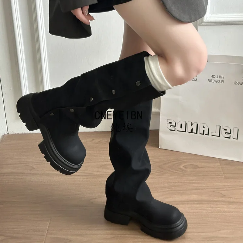 Autumn Winter Platform Chunky Sole Woman Knee High Boots Concise Side Metal Buttons Slip On Shoes Streetwear Daily Long Booties