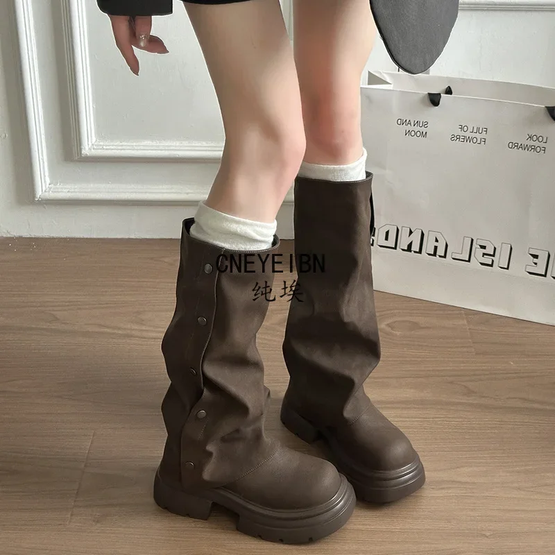 Autumn Winter Platform Chunky Sole Woman Knee High Boots Concise Side Metal Buttons Slip On Shoes Streetwear Daily Long Booties