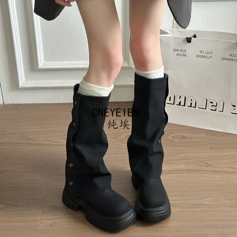 Autumn Winter Platform Chunky Sole Woman Knee High Boots Concise Side Metal Buttons Slip On Shoes Streetwear Daily Long Booties