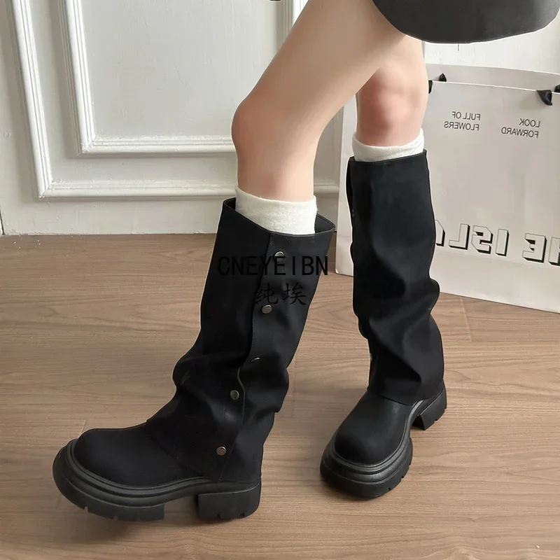 Autumn Winter Platform Chunky Sole Woman Knee High Boots Concise Side Metal Buttons Slip On Shoes Streetwear Daily Long Booties