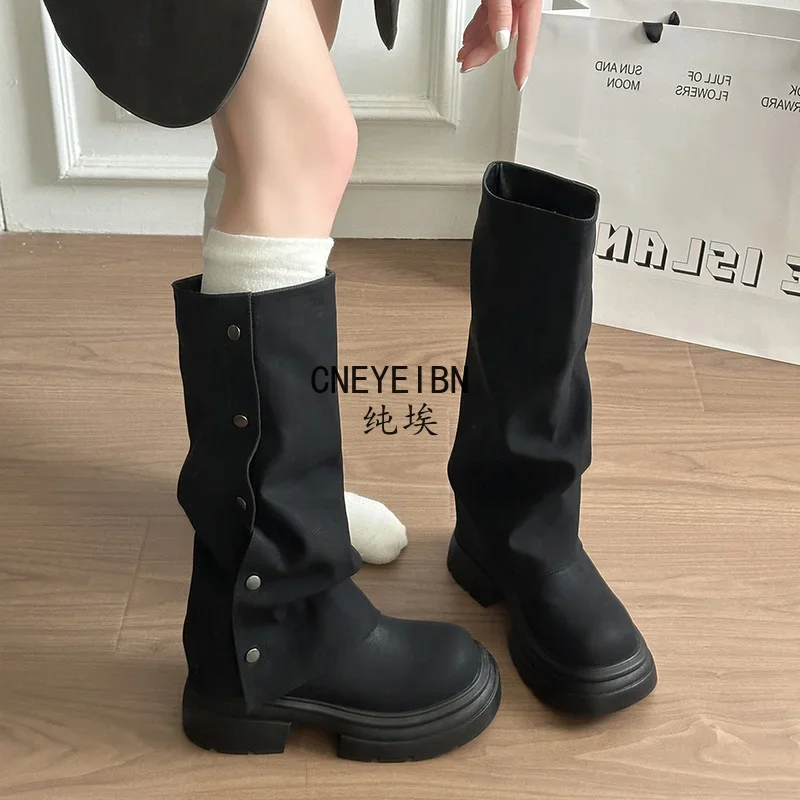 Autumn Winter Platform Chunky Sole Woman Knee High Boots Concise Side Metal Buttons Slip On Shoes Streetwear Daily Long Booties