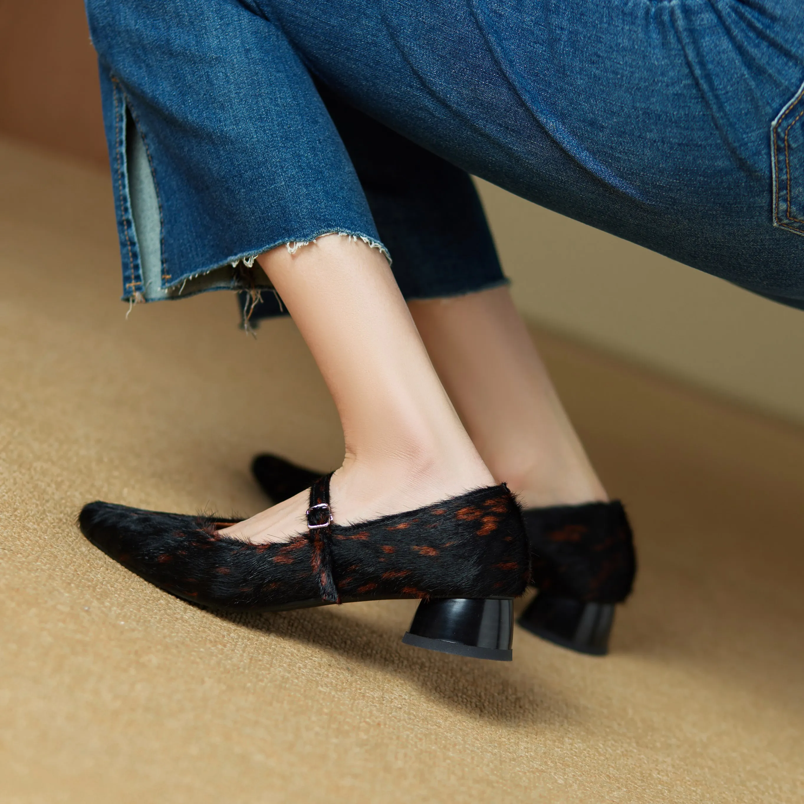 Mary Jane Shoes Women 2026 New Pointed Toe Women Shoes Pony Hair Strap Genuine Leather Leopard Print Formal Female Shoes