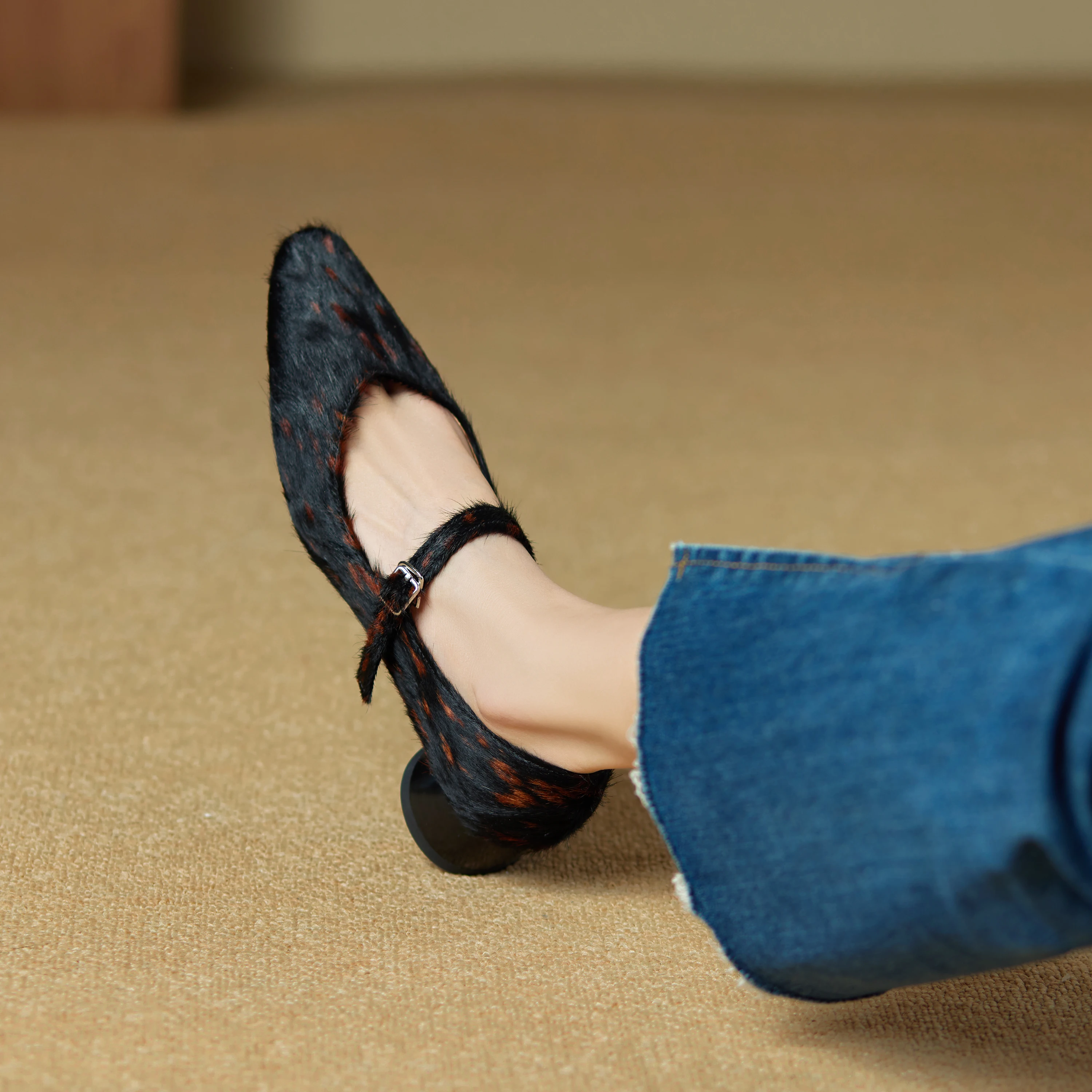 Mary Jane Shoes Women 2026 New Pointed Toe Women Shoes Pony Hair Strap Genuine Leather Leopard Print Formal Female Shoes