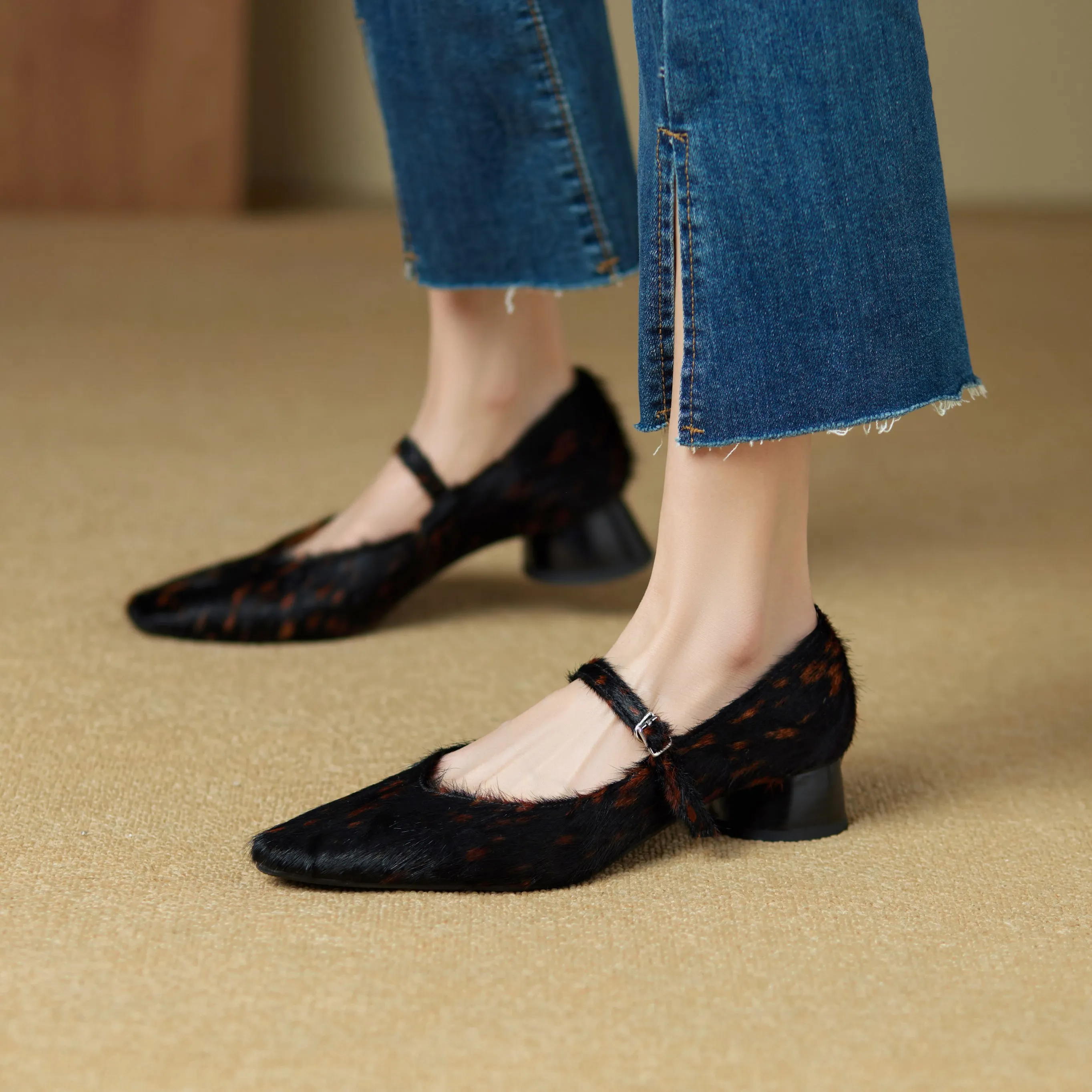 Mary Jane Shoes Women 2026 New Pointed Toe Women Shoes Pony Hair Strap Genuine Leather Leopard Print Formal Female Shoes