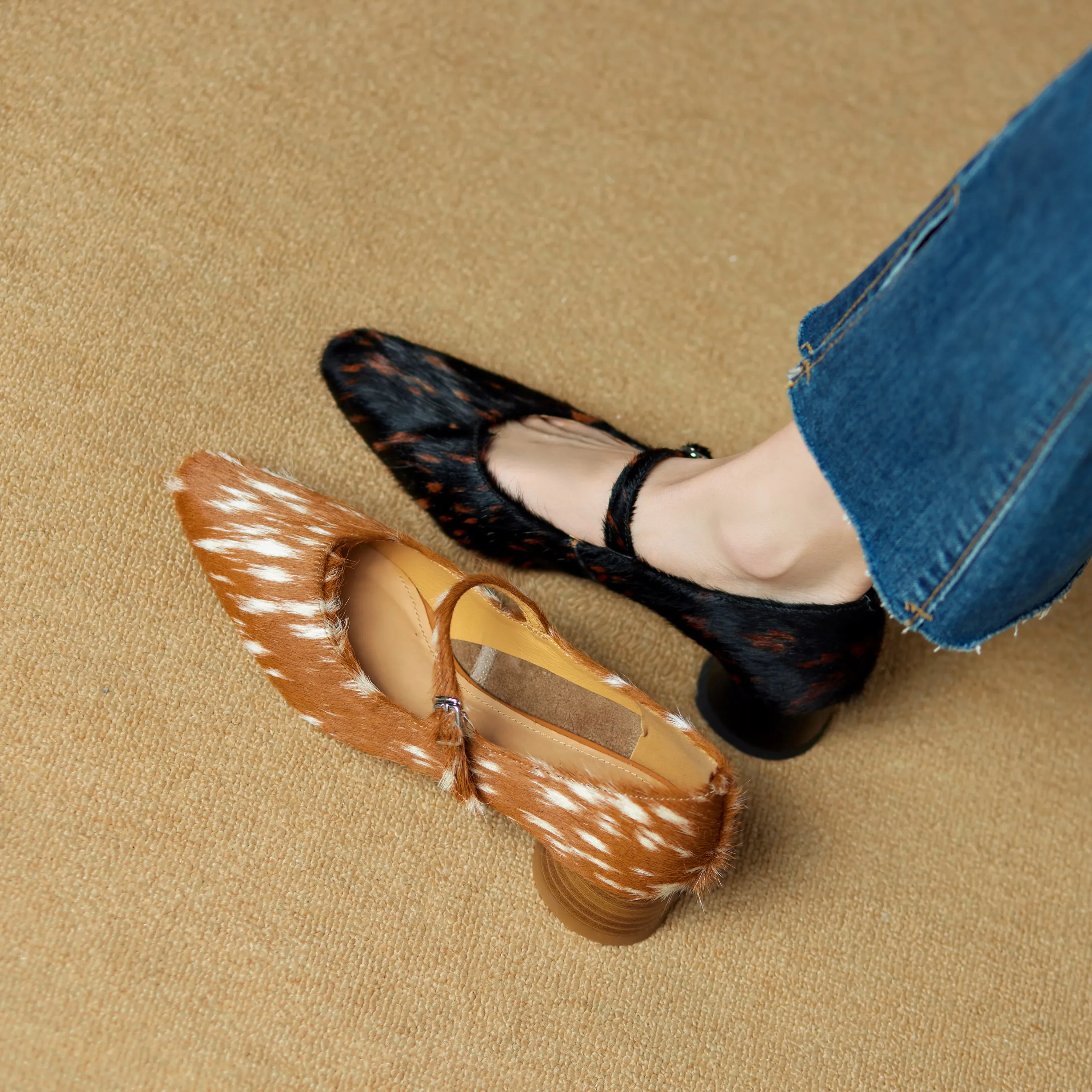 Mary Jane Shoes Women 2026 New Pointed Toe Women Shoes Pony Hair Strap Genuine Leather Leopard Print Formal Female Shoes