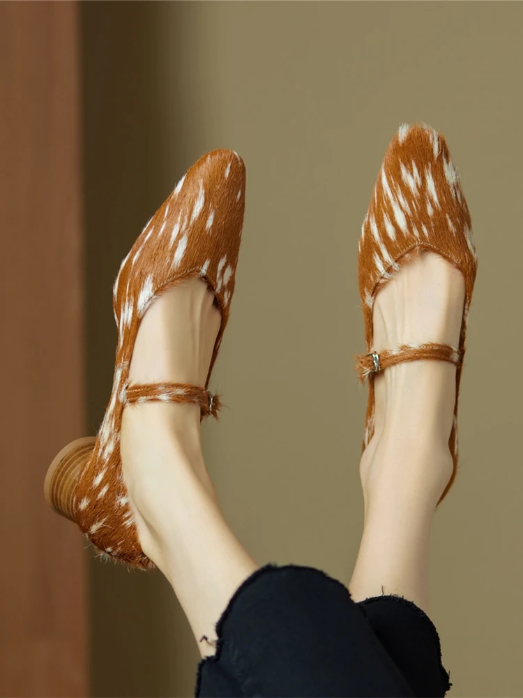 Mary Jane Shoes Women 2026 New Pointed Toe Women Shoes Pony Hair Strap Genuine Leather Leopard Print Formal Female Shoes