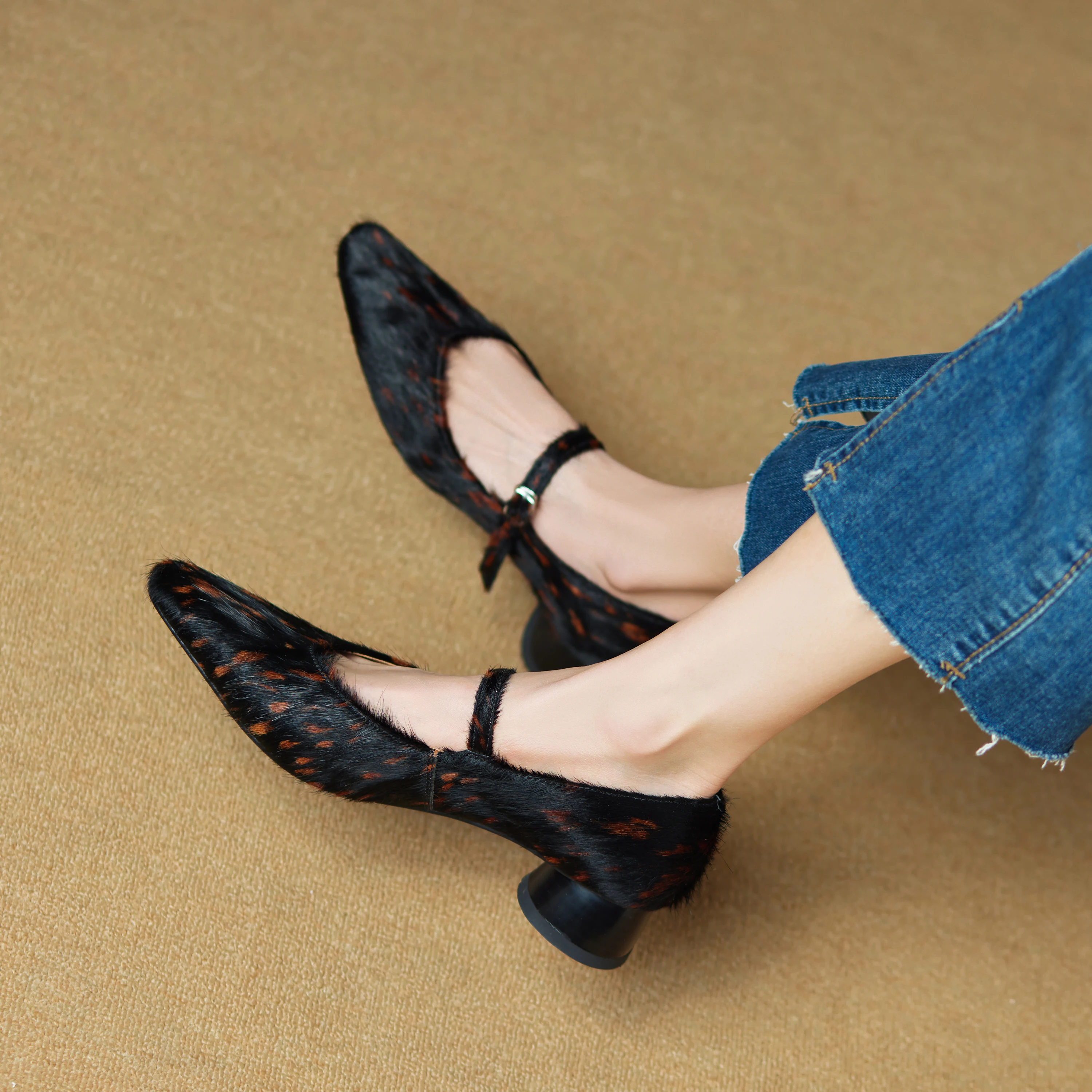 Mary Jane Shoes Women 2026 New Pointed Toe Women Shoes Pony Hair Strap Genuine Leather Leopard Print Formal Female Shoes