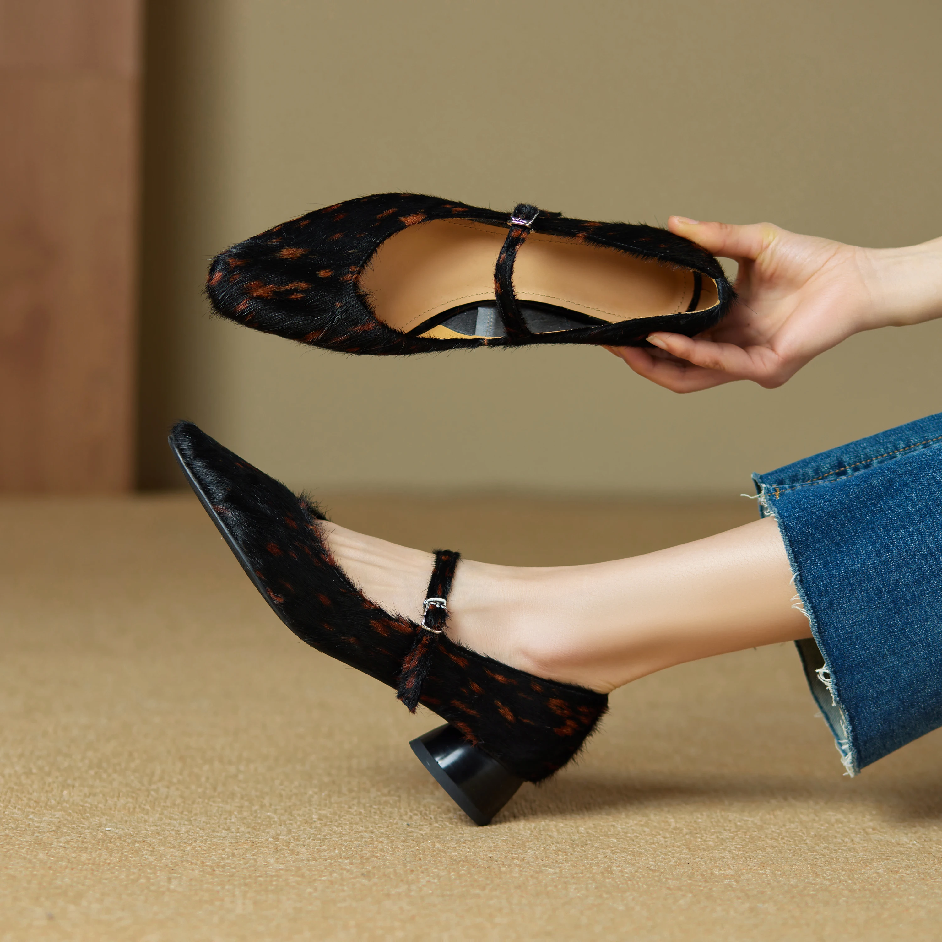 Mary Jane Shoes Women 2026 New Pointed Toe Women Shoes Pony Hair Strap Genuine Leather Leopard Print Formal Female Shoes