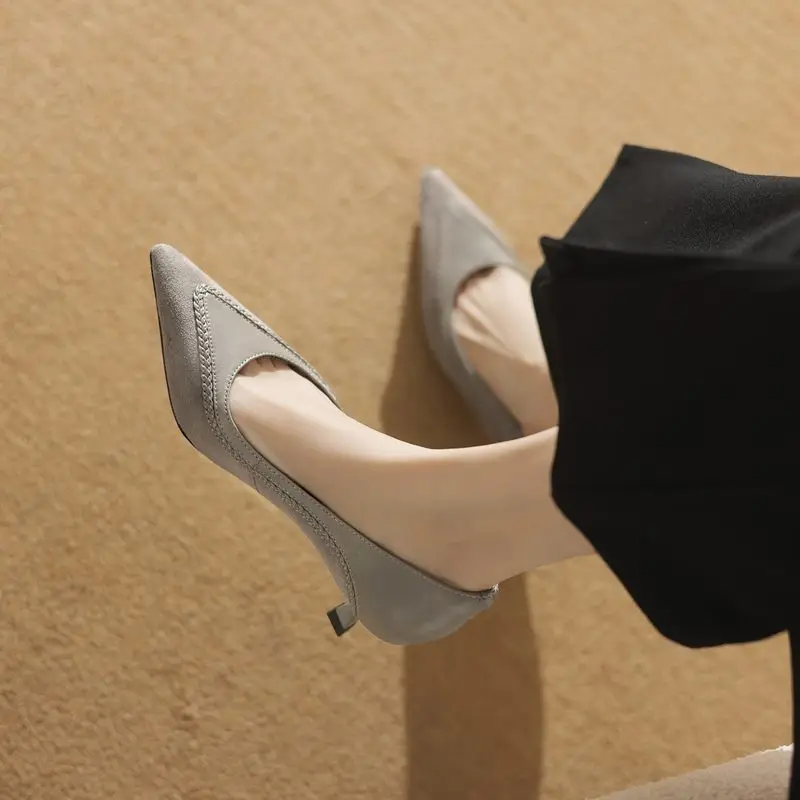 MORAZORA 2025 New Sheepskin High Heels Pointed Toe Suede Fashion Women Pumps Basic Ladies Party Dress Shoes Gray Black Footwear