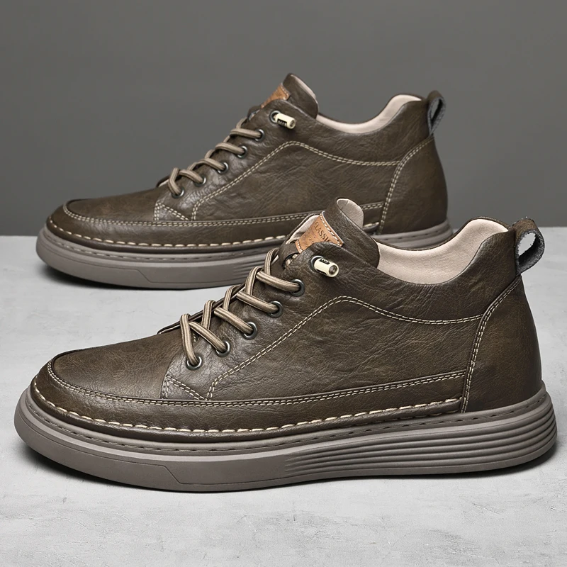 Italian Brand Men's Genuine Leather Casual Shoes Fashionable Beige Men's Hiking Shoes Camping High Top Shoes Big Size：36-47