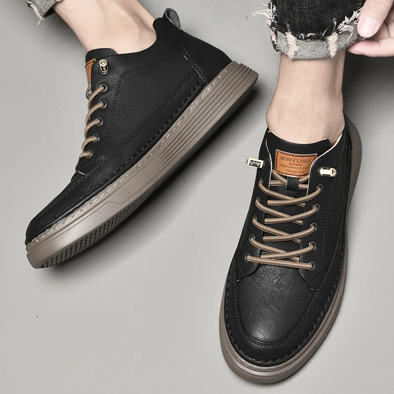Italian Brand Men's Genuine Leather Casual Shoes Fashionable Beige Men's Hiking Shoes Camping High Top Shoes Big Size：36-47