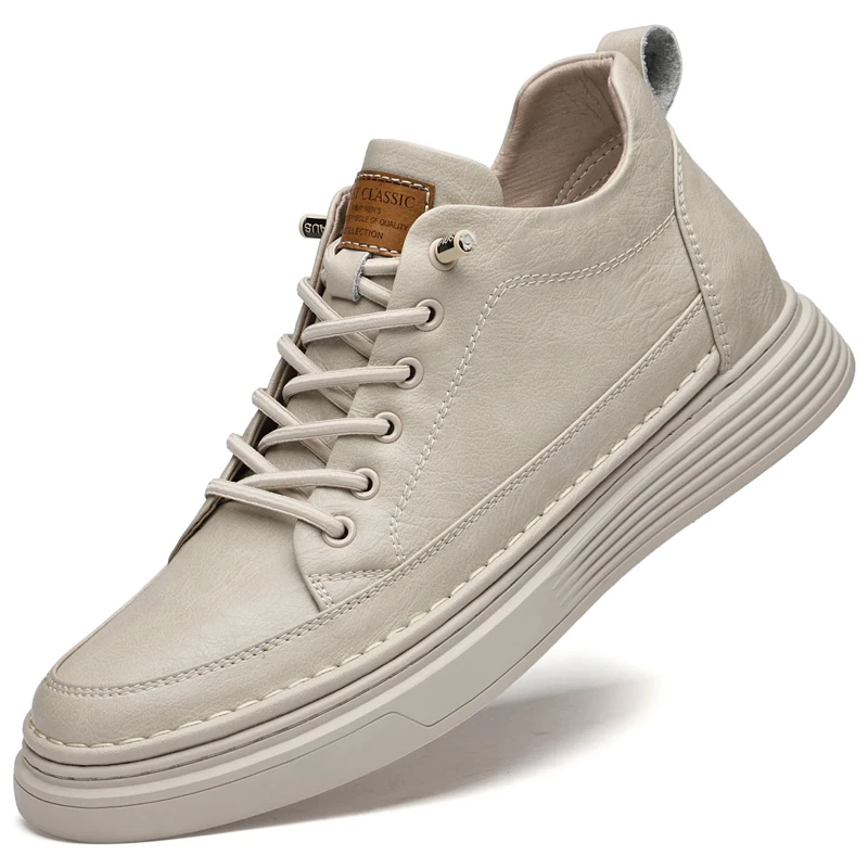 Italian Brand Men's Genuine Leather Casual Shoes Fashionable Beige Men's Hiking Shoes Camping High Top Shoes Big Size：36-47