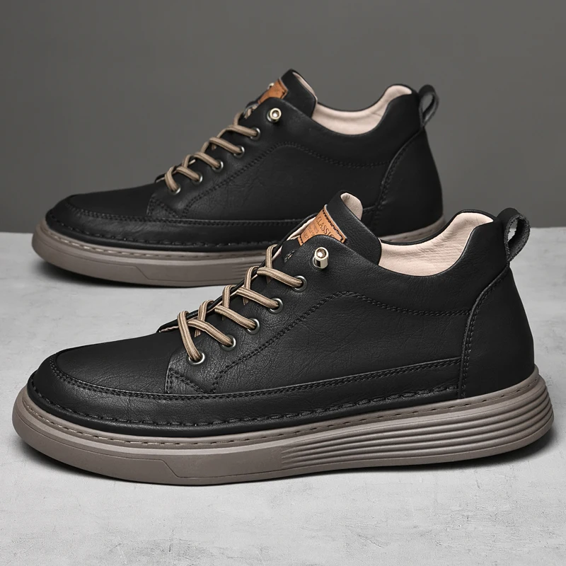 Italian Brand Men's Genuine Leather Casual Shoes Fashionable Beige Men's Hiking Shoes Camping High Top Shoes Big Size：36-47