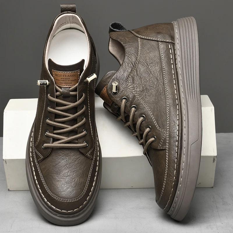 Italian Brand Men's Genuine Leather Casual Shoes Fashionable Beige Men's Hiking Shoes Camping High Top Shoes Big Size：36-47