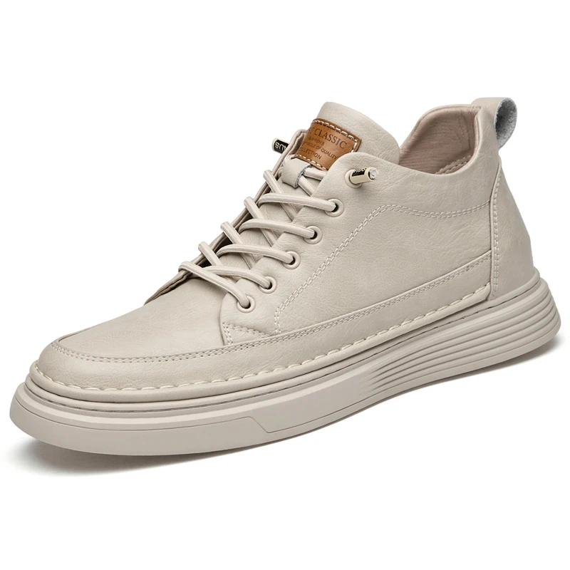 Italian Brand Men's Genuine Leather Casual Shoes Fashionable Beige Men's Hiking Shoes Camping High Top Shoes Big Size：36-47