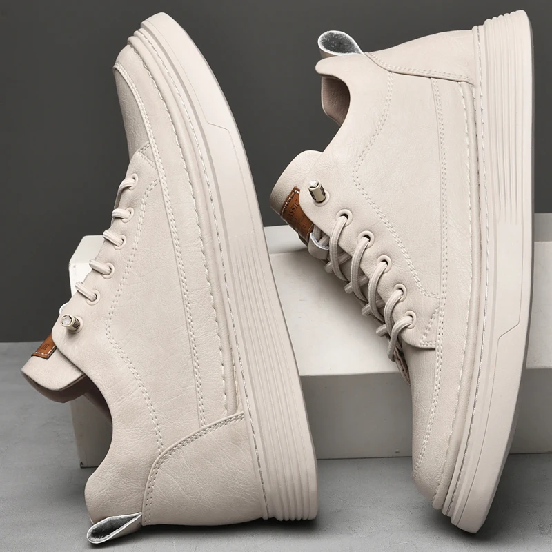 Italian Brand Men's Genuine Leather Casual Shoes Fashionable Beige Men's Hiking Shoes Camping High Top Shoes Big Size：36-47