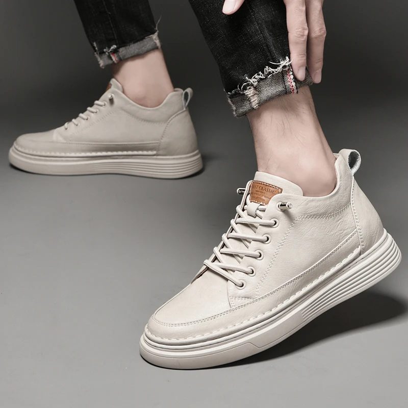 Italian Brand Men's Genuine Leather Casual Shoes Fashionable Beige Men's Hiking Shoes Camping High Top Shoes Big Size：36-47