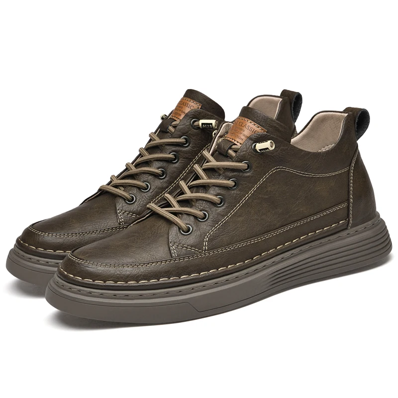 Italian Brand Men's Genuine Leather Casual Shoes Fashionable Beige Men's Hiking Shoes Camping High Top Shoes Big Size：36-47