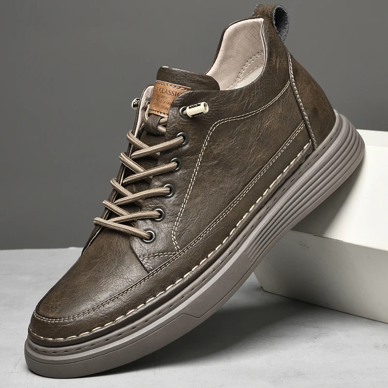 Italian Brand Men's Genuine Leather Casual Shoes Fashionable Beige Men's Hiking Shoes Camping High Top Shoes Big Size：36-47