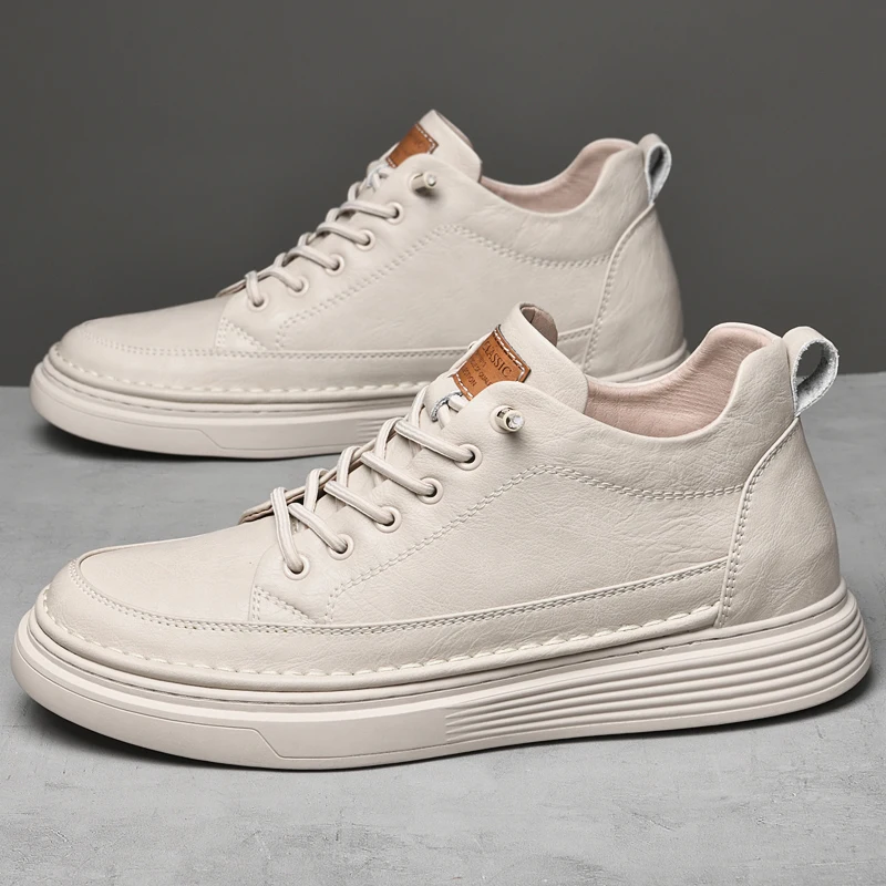 Italian Brand Men's Genuine Leather Casual Shoes Fashionable Beige Men's Hiking Shoes Camping High Top Shoes Big Size：36-47