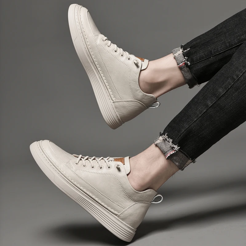 Italian Brand Men's Genuine Leather Casual Shoes Fashionable Beige Men's Hiking Shoes Camping High Top Shoes Big Size：36-47
