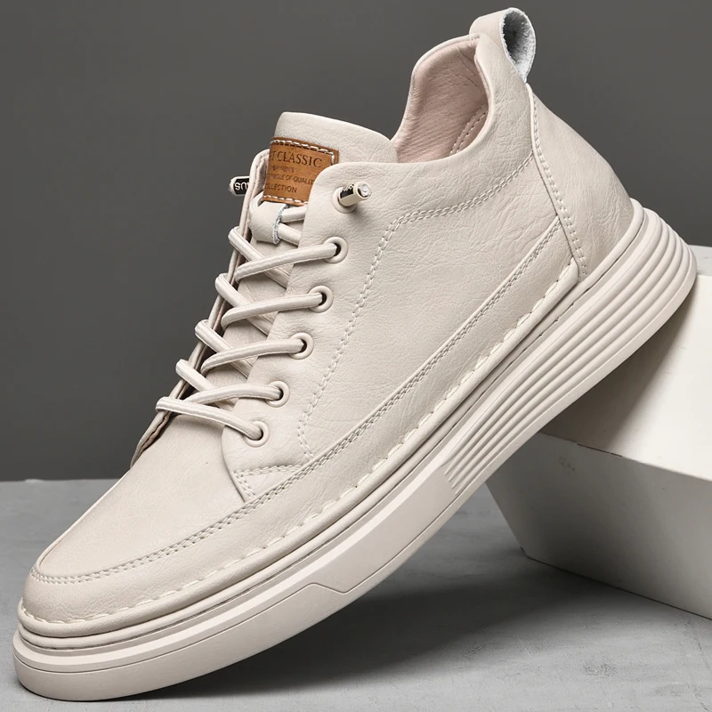 Italian Brand Men's Genuine Leather Casual Shoes Fashionable Beige Men's Hiking Shoes Camping High Top Shoes Big Size：36-47