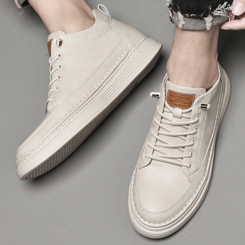 Italian Brand Men's Genuine Leather Casual Shoes Fashionable Beige Men's Hiking Shoes Camping High Top Shoes Big Size：36-47