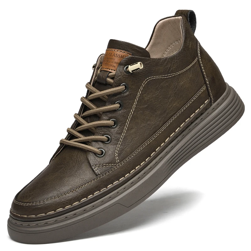 Italian Brand Men's Genuine Leather Casual Shoes Fashionable Beige Men's Hiking Shoes Camping High Top Shoes Big Size：36-47