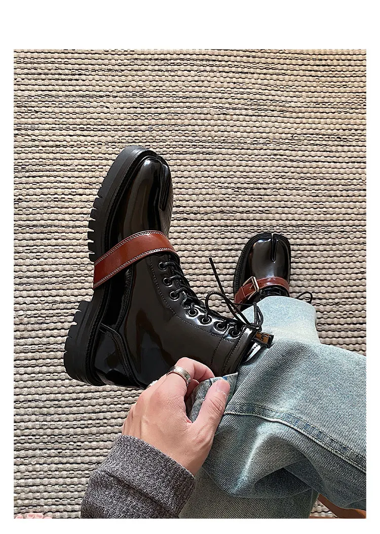 Tabi boots for men's autumn and winter casual short leather boots unisex lace up high cut split toe leather shoes for women