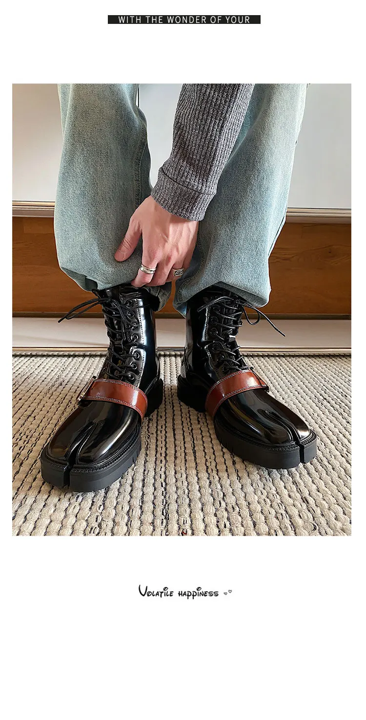 Tabi boots for men's autumn and winter casual short leather boots unisex lace up high cut split toe leather shoes for women