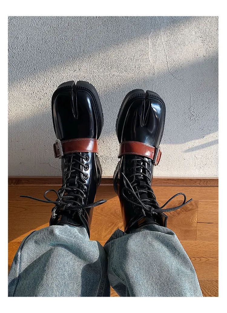 Tabi boots for men's autumn and winter casual short leather boots unisex lace up high cut split toe leather shoes for women