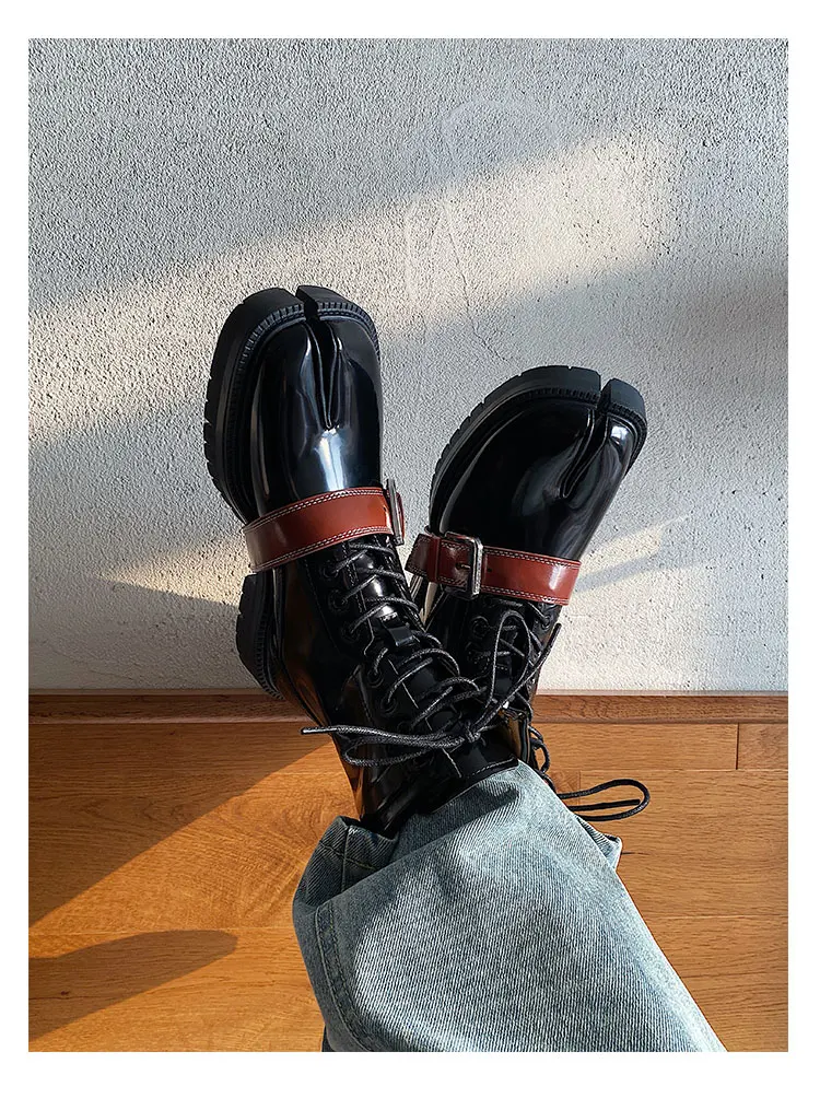 Tabi boots for men's autumn and winter casual short leather boots unisex lace up high cut split toe leather shoes for women