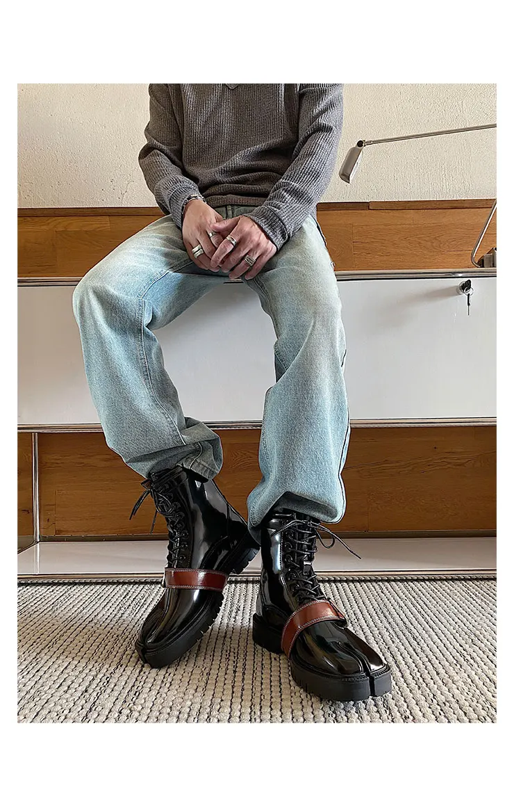 Tabi boots for men's autumn and winter casual short leather boots unisex lace up high cut split toe leather shoes for women