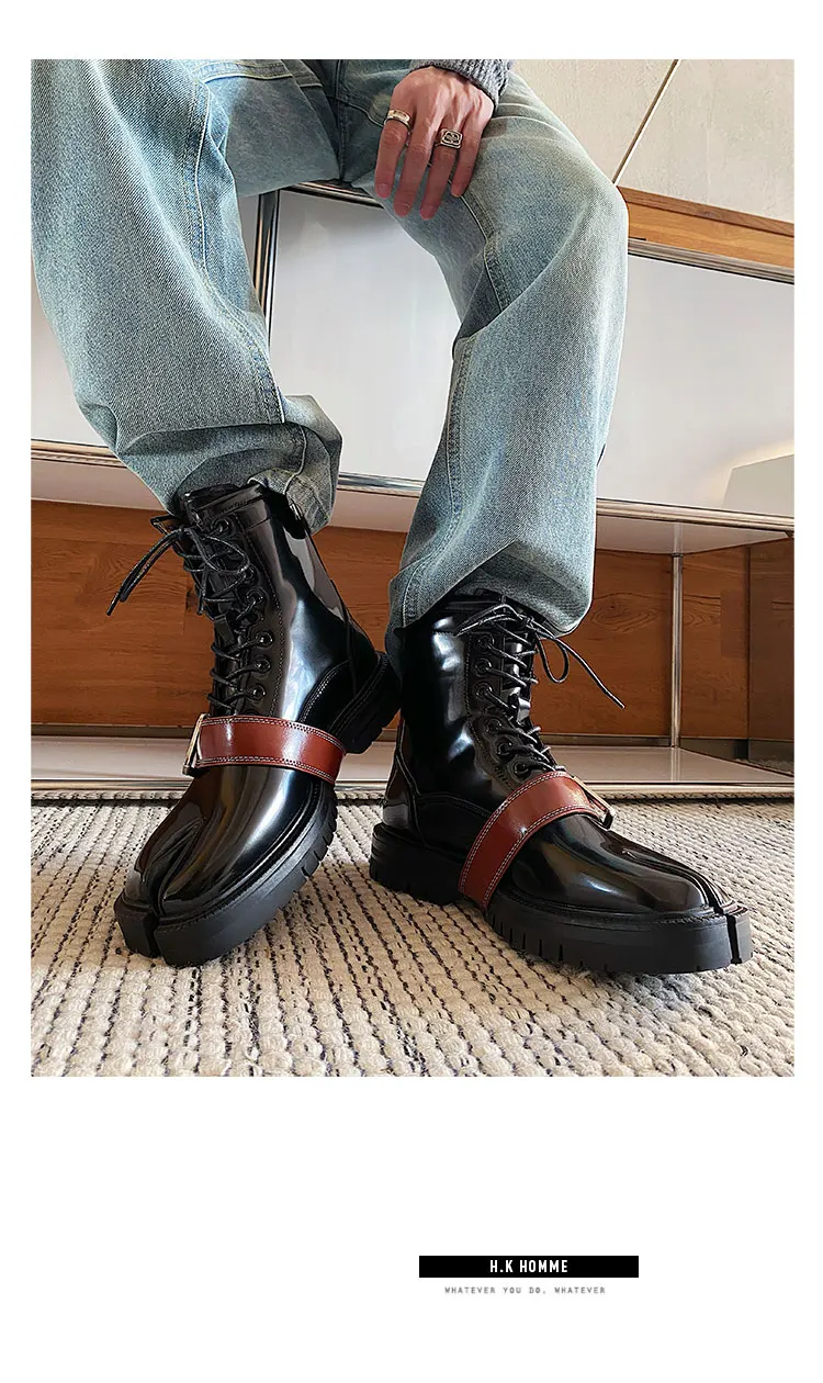 Tabi boots for men's autumn and winter casual short leather boots unisex lace up high cut split toe leather shoes for women
