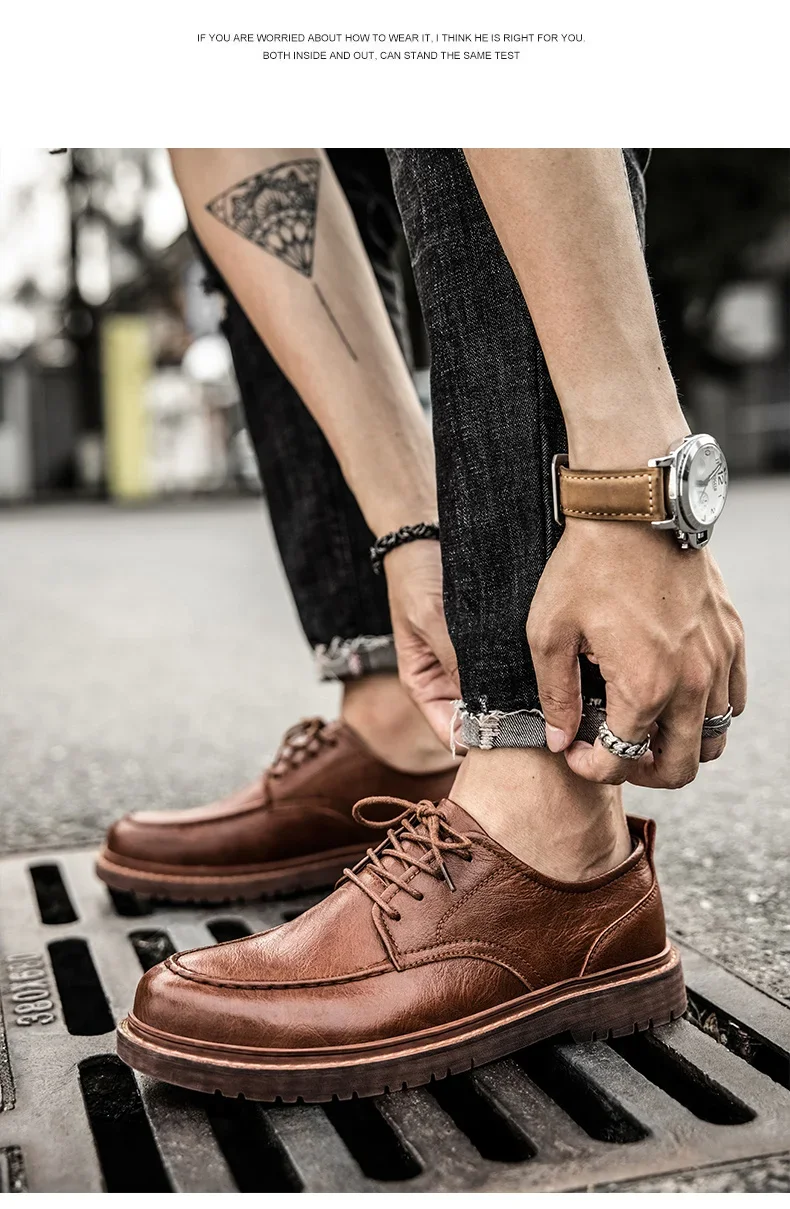 Autumn New Men Leather Casuai Shoes Brogue Luxurious Handmade Shoes Genuine Leather Shoes Work Boots Business Casual Sneakers