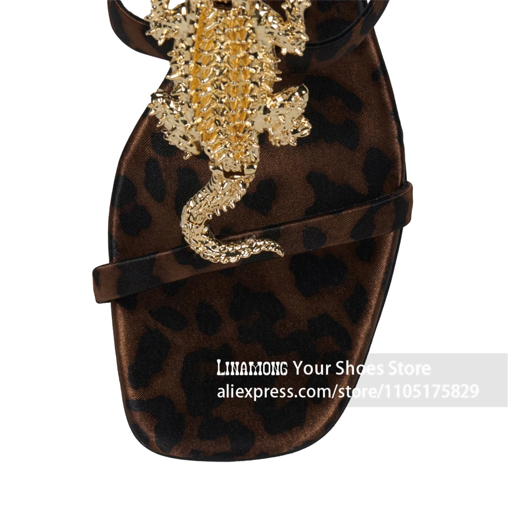 Metal-Embellished Animal Print Sandals Novelty Style Unique Wedge Heel Summer Footwear Multi-strap Ankle Buckle Stiletto Sandals