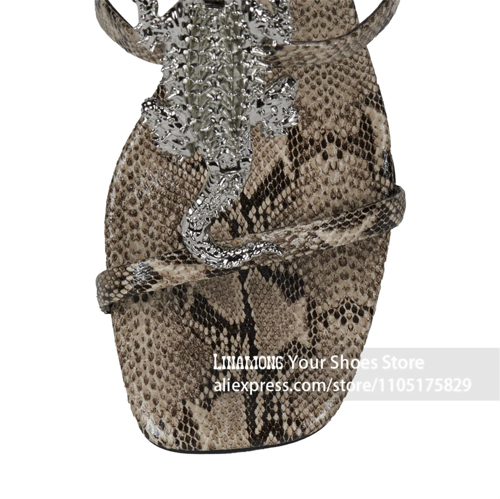 Metal-Embellished Animal Print Sandals Novelty Style Unique Wedge Heel Summer Footwear Multi-strap Ankle Buckle Stiletto Sandals