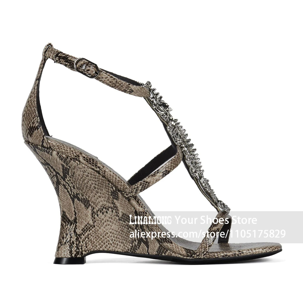 Metal-Embellished Animal Print Sandals Novelty Style Unique Wedge Heel Summer Footwear Multi-strap Ankle Buckle Stiletto Sandals