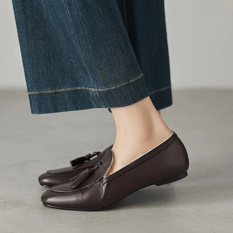 MORAZORA Plus Size 34-42 New Genuine Leather Shoes Flats Women Loafers Tassel Slip On Flat Shoes Thick Fur Warm Winter Shoes