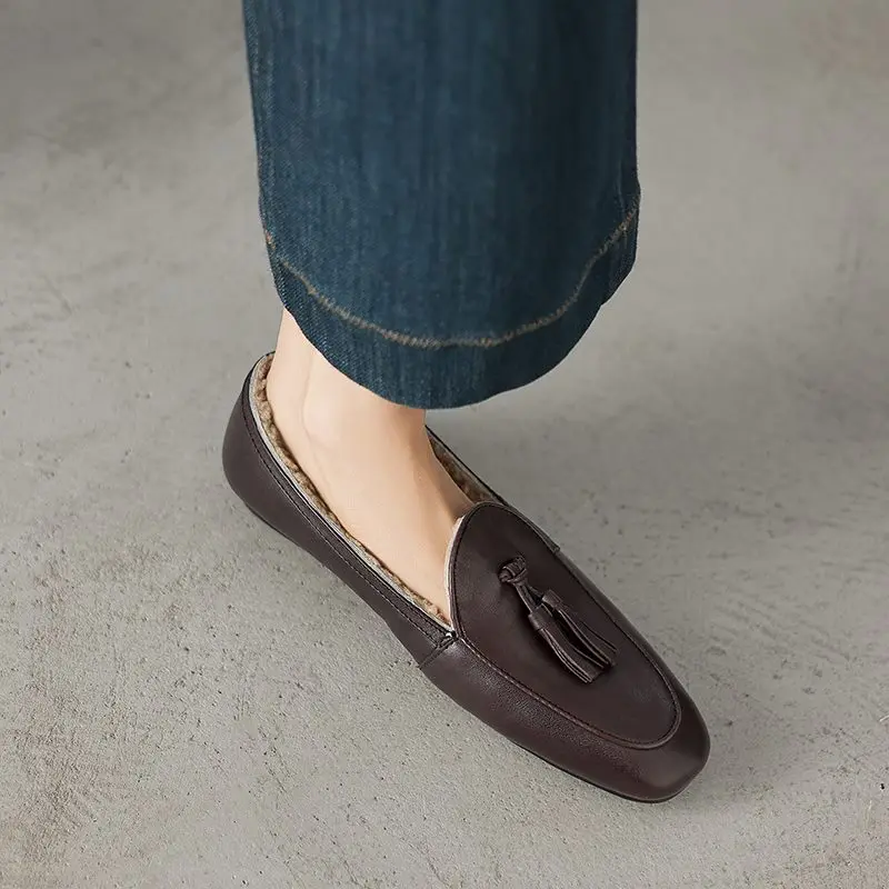 MORAZORA Plus Size 34-42 New Genuine Leather Shoes Flats Women Loafers Tassel Slip On Flat Shoes Thick Fur Warm Winter Shoes