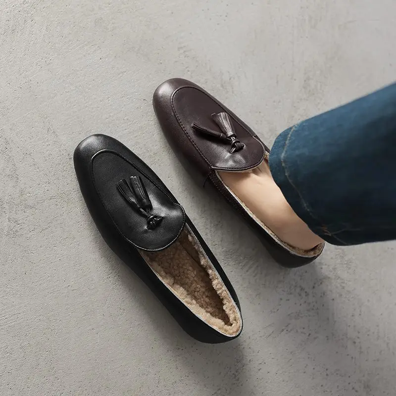 MORAZORA Plus Size 34-42 New Genuine Leather Shoes Flats Women Loafers Tassel Slip On Flat Shoes Thick Fur Warm Winter Shoes