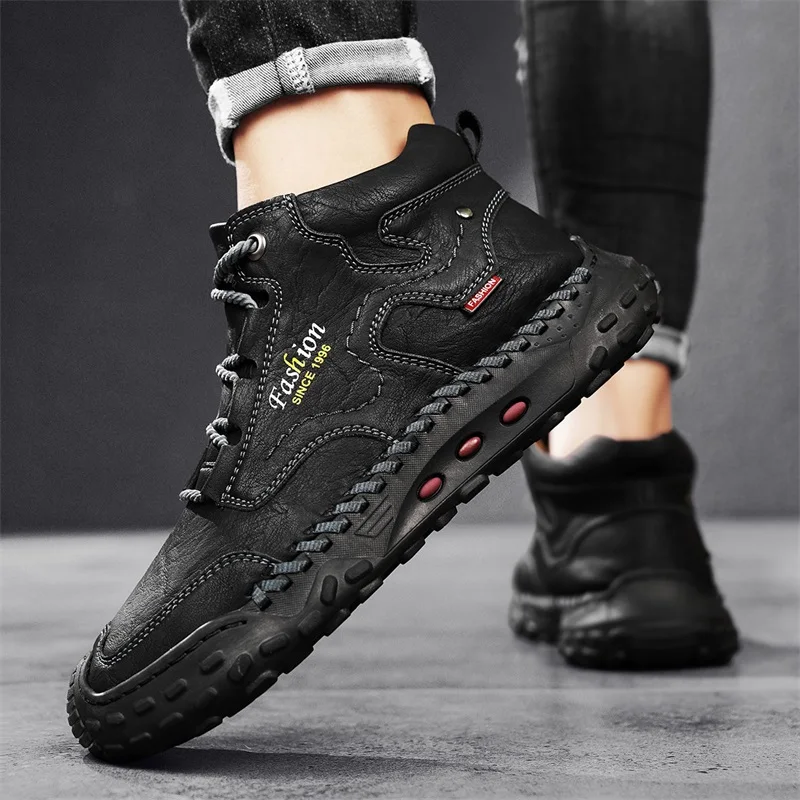 Men's Retro Hand-Stitched Chinese Casual Shoes, Trail Running Sneakers, Casual Fashion Walking and Hiking Shoes, Suitable for Casual Hiking, Outdoor Climbing, Daily Driving, Men's Boots, Black and Brown, Comfortable Soft Sole, Wear-Resistant, Non-Slip, Large Size Men's Shoes