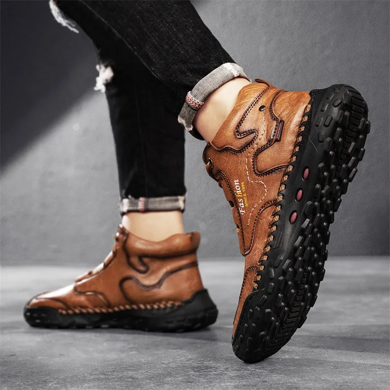 Men's Retro Hand-Stitched Chinese Casual Shoes, Trail Running Sneakers, Casual Fashion Walking and Hiking Shoes, Suitable for Casual Hiking, Outdoor Climbing, Daily Driving, Men's Boots, Black and Brown, Comfortable Soft Sole, Wear-Resistant, Non-Slip, Large Size Men's Shoes