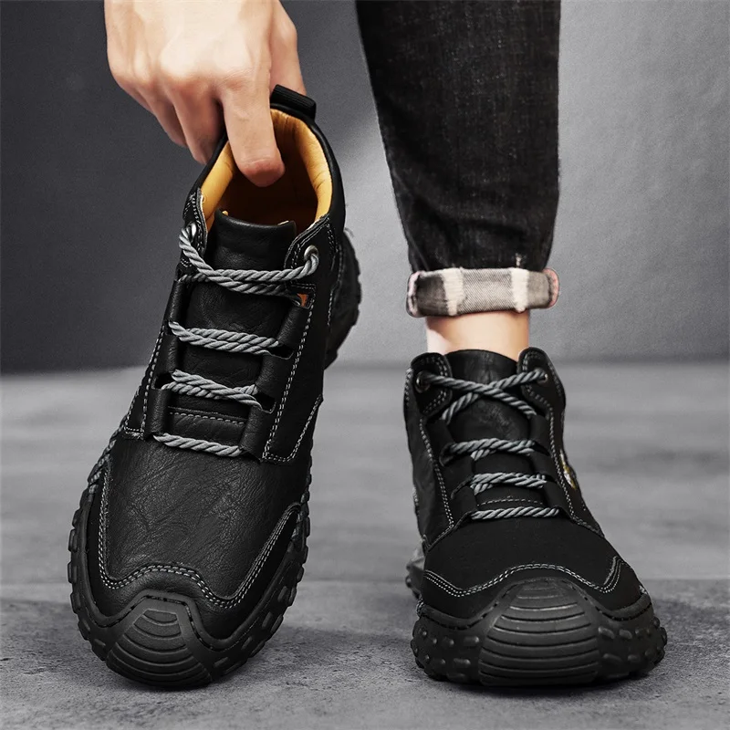 Men's Retro Hand-Stitched Chinese Casual Shoes, Trail Running Sneakers, Casual Fashion Walking and Hiking Shoes, Suitable for Casual Hiking, Outdoor Climbing, Daily Driving, Men's Boots, Black and Brown, Comfortable Soft Sole, Wear-Resistant, Non-Slip, Large Size Men's Shoes