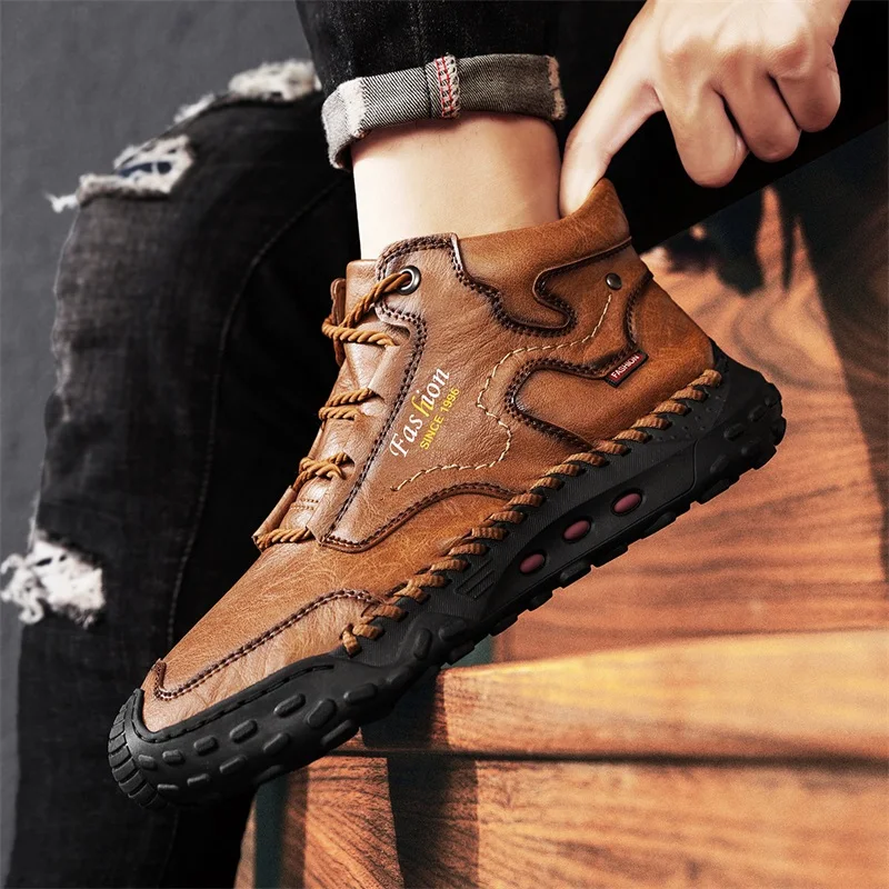 Men's Retro Hand-Stitched Chinese Casual Shoes, Trail Running Sneakers, Casual Fashion Walking and Hiking Shoes, Suitable for Casual Hiking, Outdoor Climbing, Daily Driving, Men's Boots, Black and Brown, Comfortable Soft Sole, Wear-Resistant, Non-Slip, Large Size Men's Shoes
