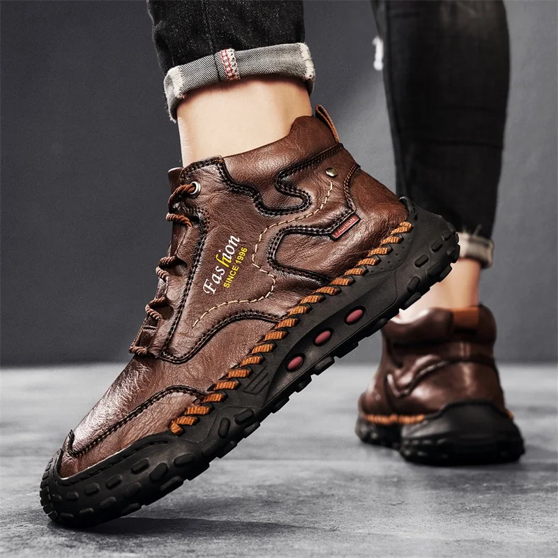 Men's Retro Hand-Stitched Chinese Casual Shoes, Trail Running Sneakers, Casual Fashion Walking and Hiking Shoes, Suitable for Casual Hiking, Outdoor Climbing, Daily Driving, Men's Boots, Black and Brown, Comfortable Soft Sole, Wear-Resistant, Non-Slip, Large Size Men's Shoes