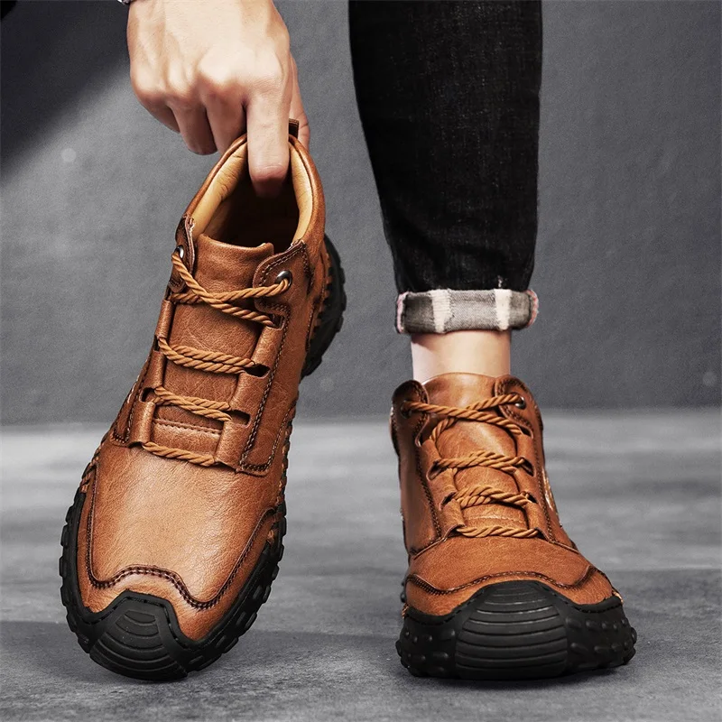Men's Retro Hand-Stitched Chinese Casual Shoes, Trail Running Sneakers, Casual Fashion Walking and Hiking Shoes, Suitable for Casual Hiking, Outdoor Climbing, Daily Driving, Men's Boots, Black and Brown, Comfortable Soft Sole, Wear-Resistant, Non-Slip, Large Size Men's Shoes