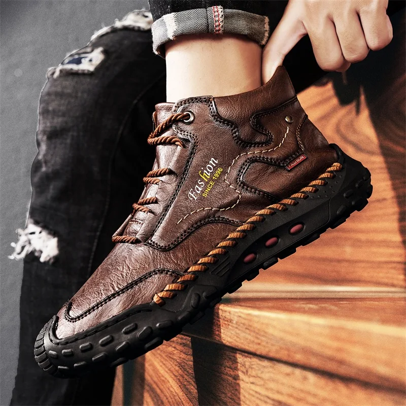 Men's Retro Hand-Stitched Chinese Casual Shoes, Trail Running Sneakers, Casual Fashion Walking and Hiking Shoes, Suitable for Casual Hiking, Outdoor Climbing, Daily Driving, Men's Boots, Black and Brown, Comfortable Soft Sole, Wear-Resistant, Non-Slip, Large Size Men's Shoes